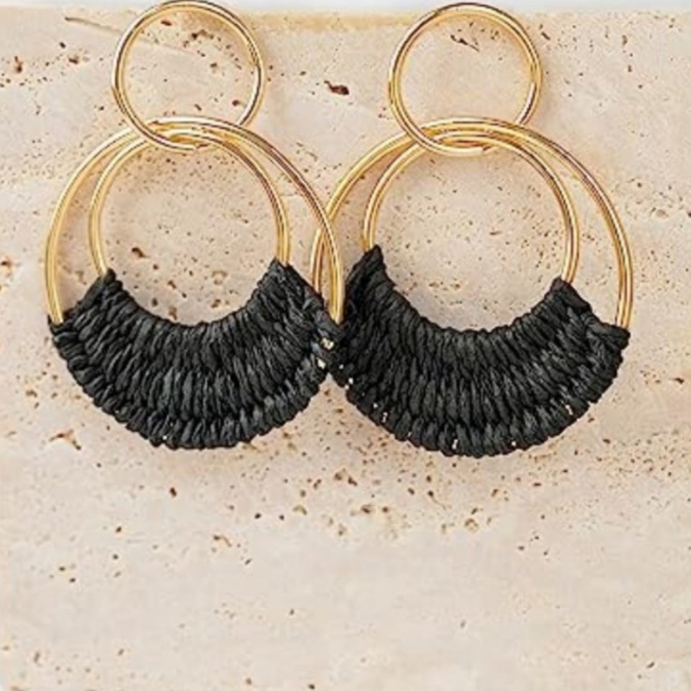 Black Woven Raffia Gold Hoop Earrings Wicker Hoops Links Post Vacation Style New